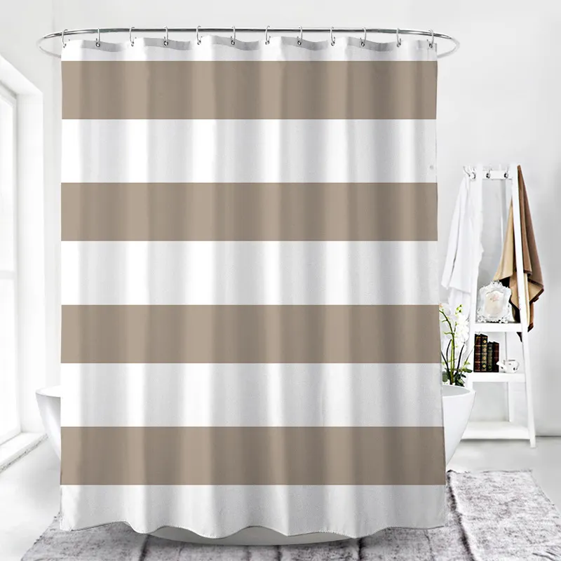 DUNXDECO Shower Curtain Bathroom Waterproof Cortinas Modern Classical Big Stripe Brown White Print Polyester Fabric Ridea T200711