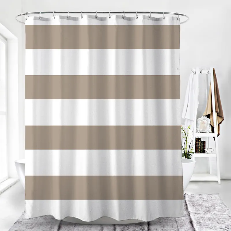 DUNXDECO Rideau De Douche Salle De Bains Étanche Cortinas Moderne Classique Big Stripe Marron Blanc Imprimé Polyester Tissu Ridea T200711