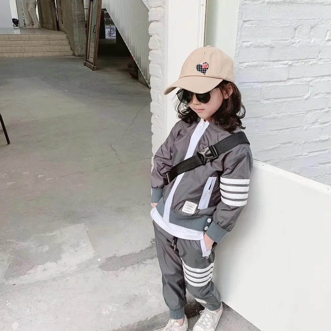 N High quality double layer high density polyester fabric children's grey stormsuit hooded pocket boys and girls wear k8234 outdoor everyday