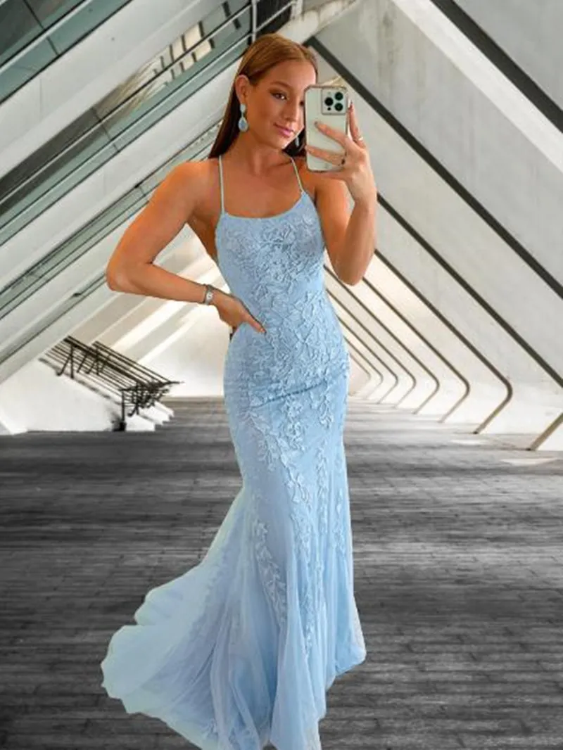 Klänningar för kvinnor 2022 Mermaid Applique Prom Klänning Backless Sexy O Neck Spaghetti Straps Evening Dress Vestidos de noche 2022 Ny