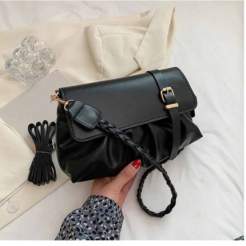 Fashion Girls Shoulder Bag Classic Style Beige messenger bags Plain PU Chains Versatile Cover Soft Half Moon Canvas Flap Pocket Favorite Summer Satchel bag MM Black