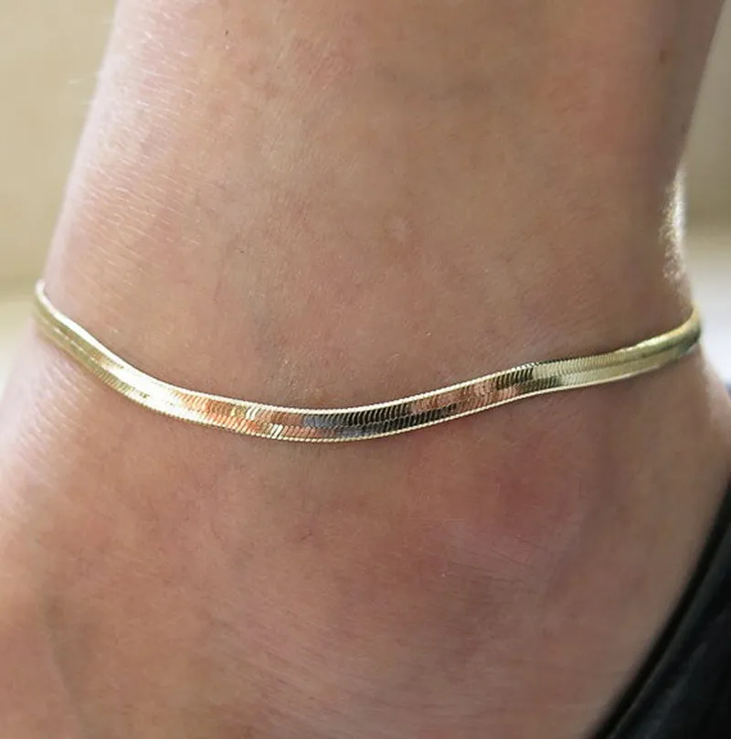 Bracciale alla caviglia con catena a serpente piatto in argento dorato per le donne, moda regolabile, semplice, delicato, catena per piedi, gioielli da spiaggia estivi