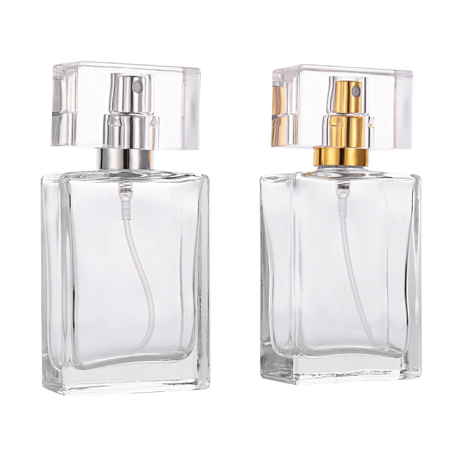 Fragrance Empty Spray Bottle Portable Transparent Glass Perfume Bottles With Gold And Sliver Caps 50ml