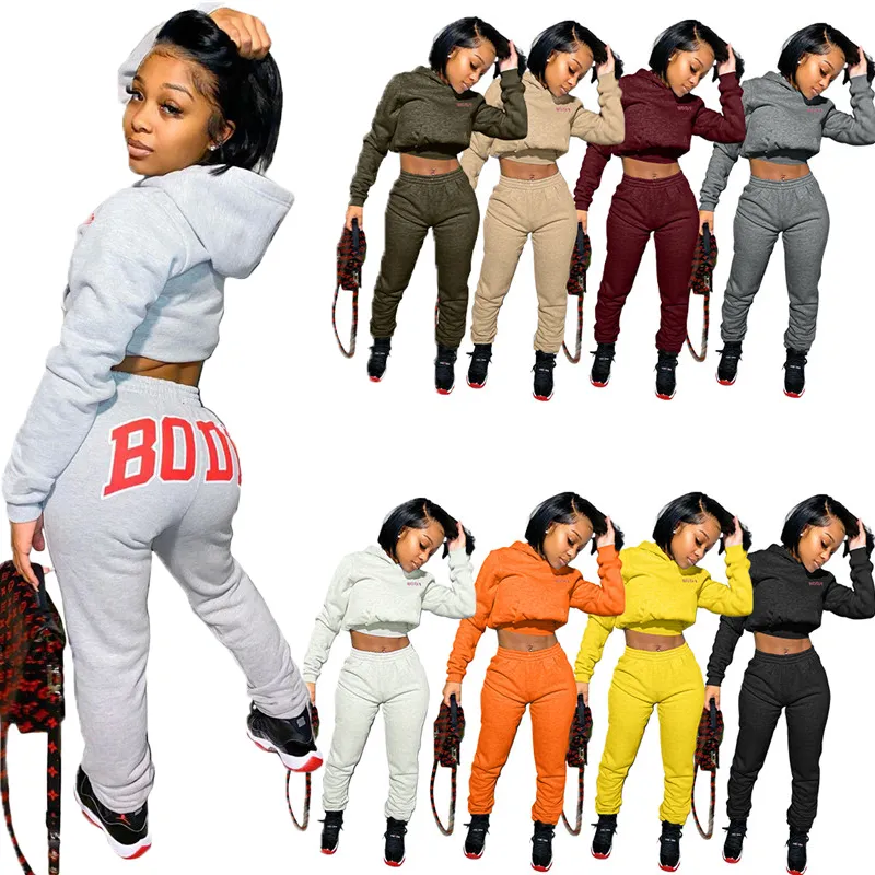 Hiver Femmes Survêtements À Manches Longues Hoodies Tenues 2 Pièce Ensemble Jogging Sportsuit Mode Sweatshit Sexy Crop Top À Capuche K7528