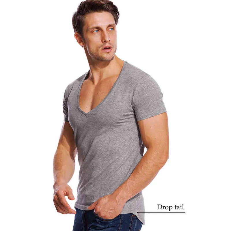 DEOLAX Men's Muscle Fit Gym T-Shirt - Longline Stretch V-Neck Tee For Workout & Casual Wear