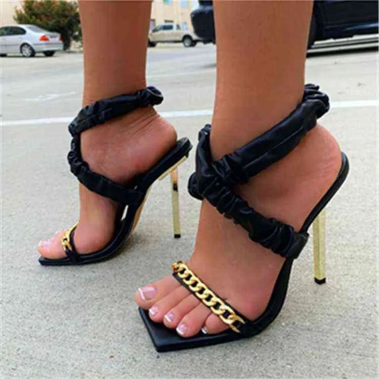 2022 summer new pleated sandals women`s thin heel hollow out high heels open toe metal decorative women`s shoes