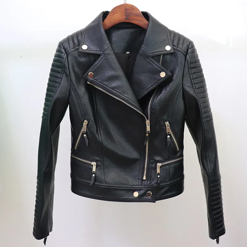 Classic Hot New Style Arrive Top Quality Womens Leather Jacket Coat Metal Buckles Diagonal Zipper Black Leather Motorcycle Jacket