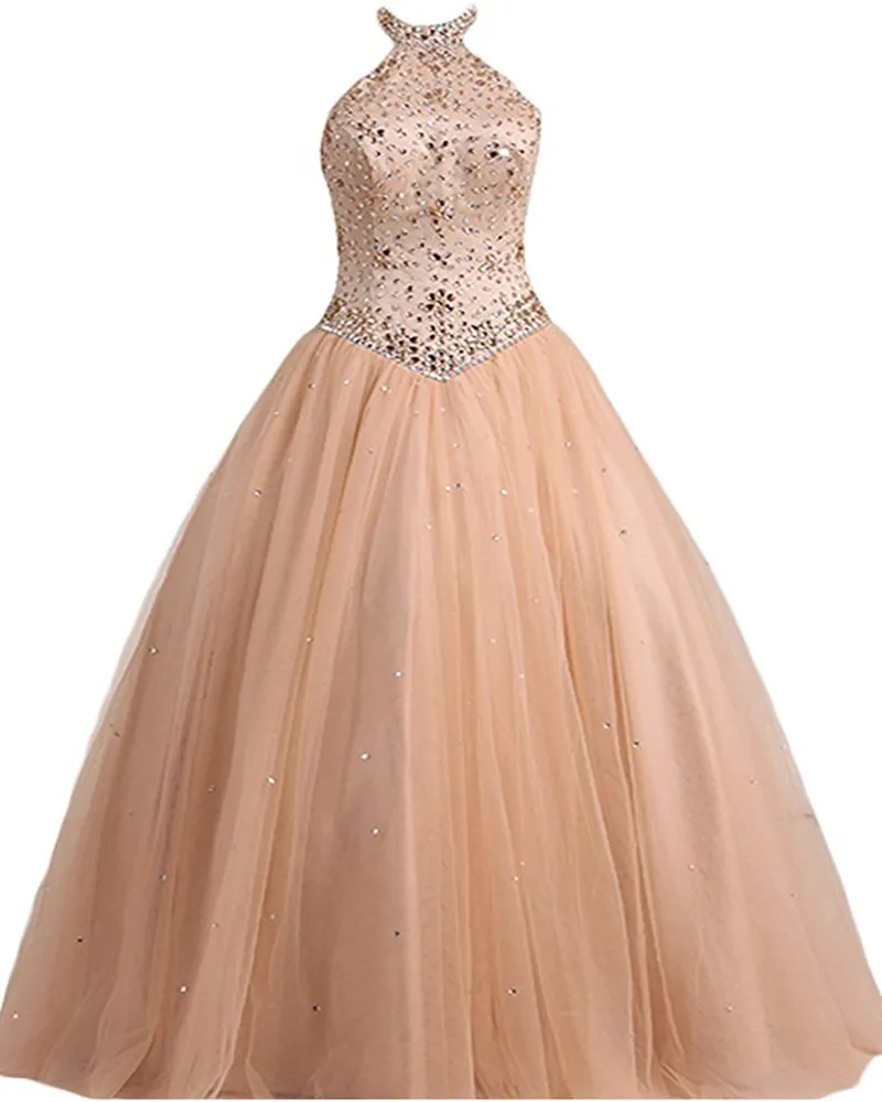 Handgemaakte halter A Lijn Quinceanera Jurken 2020 Puffy Floor Length Tulle Applicaties Sweet 16 Lange Avond Party Prom Toga Vestidos de 15 Anos