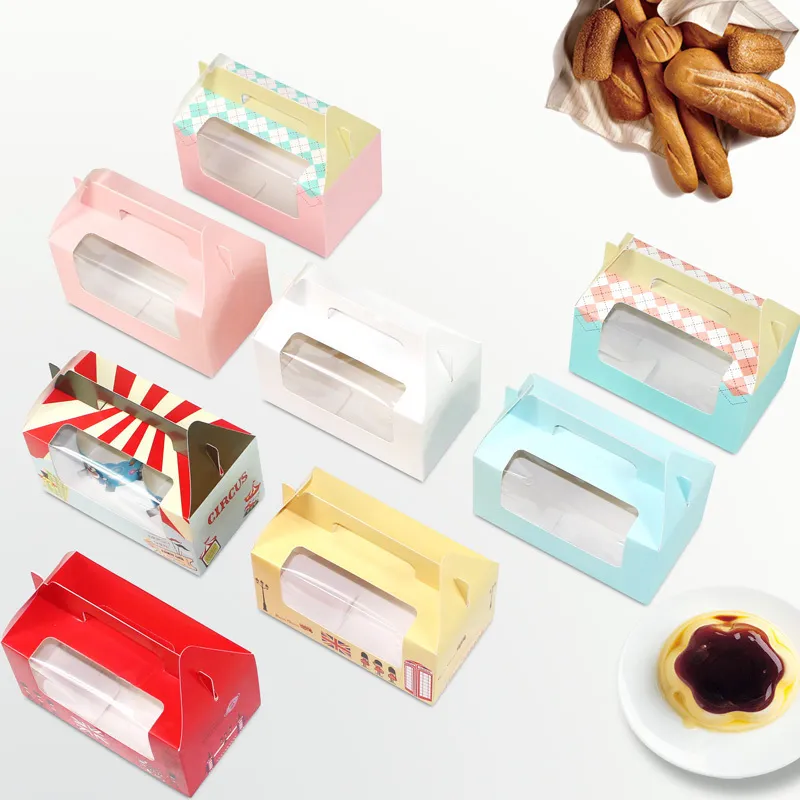 100st Portable 2 Hållare Cupcake Box med klart fönsterhandtag Papper Presentförpackning 16.5 * 9.3 * 9cm Pastry Förpackning Box Gratis frakt