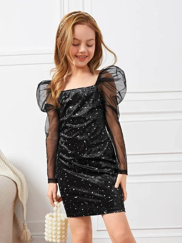 Save Big on Bulk Girls Galaxy Dress Girls' Mesh Puff Sleeve Galaxy Dress  With Sparkly Stars Best Deals on DHgate