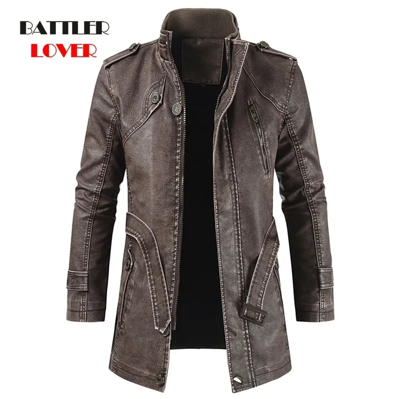 Hommes Hiver Épais Polaire Veste En Cuir Manteau Long Outwear Mode Chaud Casual Vintage Vêtements pour Homme Steampunk Biker Veste 201119