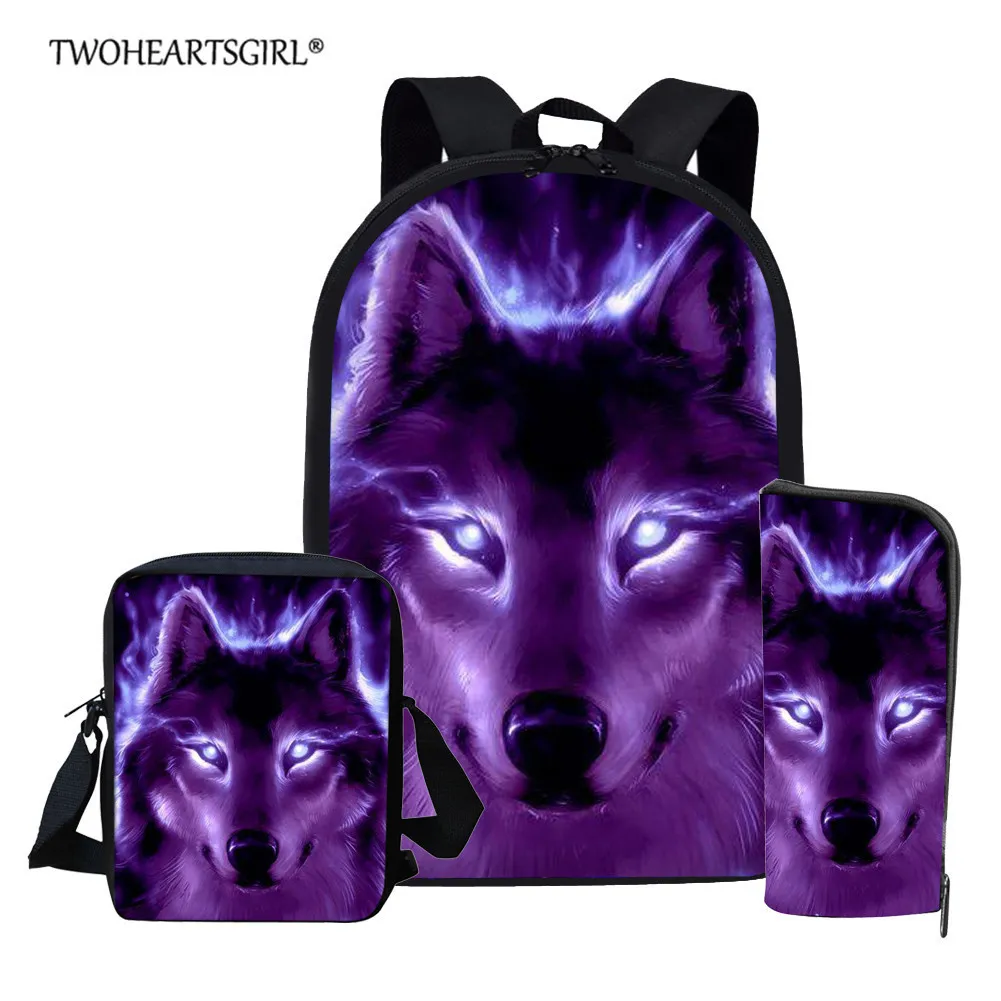 Twoheartsgirl Blue Wolf School Backpack For Teenage Boys Girls