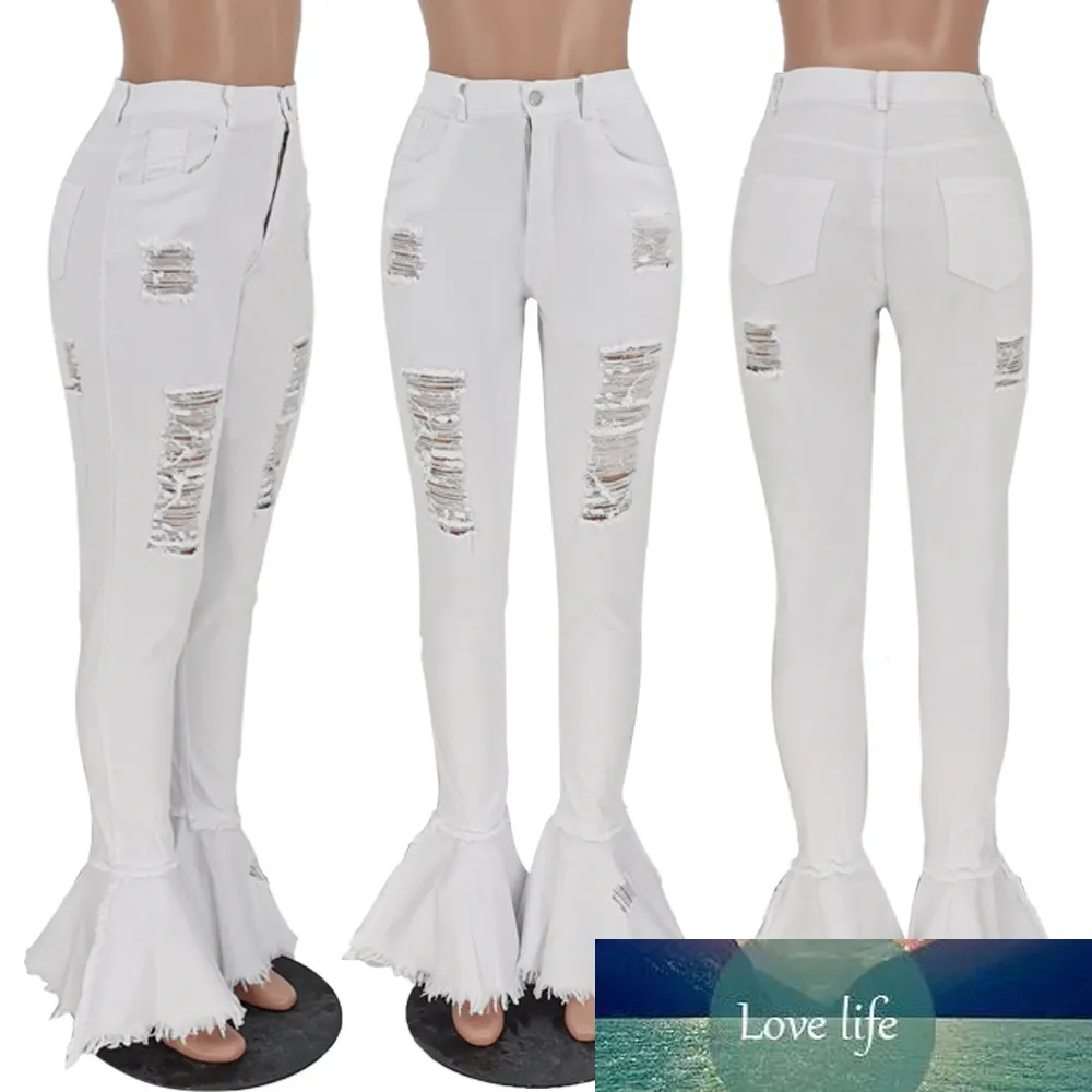 High Waisted Flare Patchwork Ruffle jeans leggings with Shiny Bell Bottom -  White/Blue Denim for Women - Fall 2020 Collection