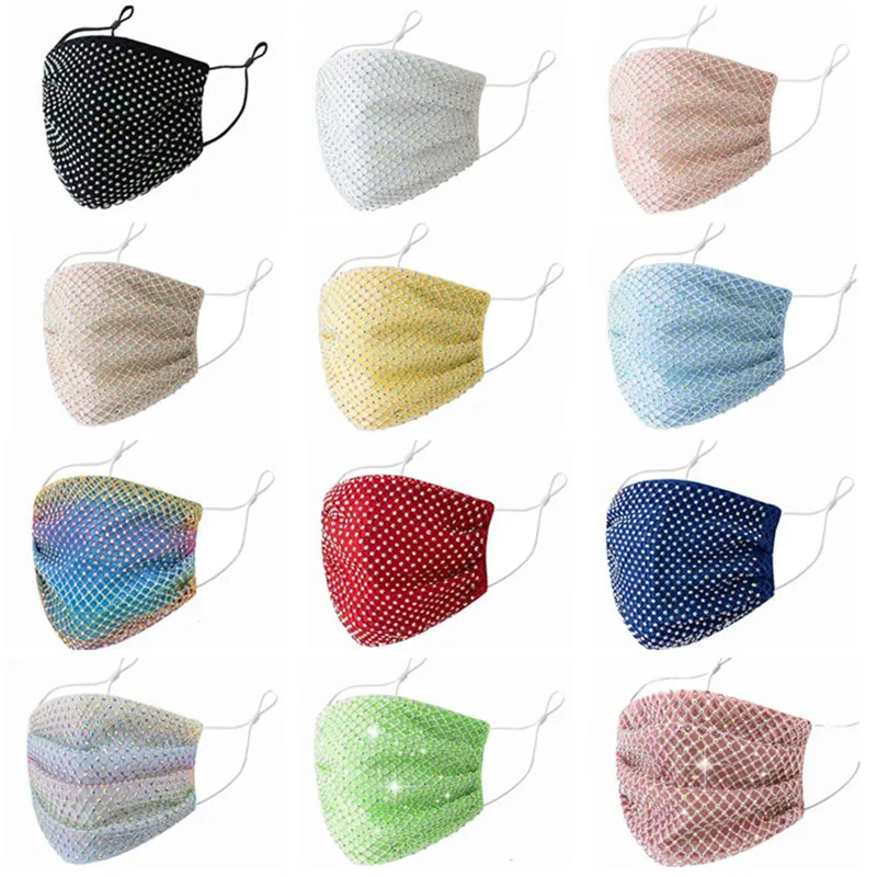 Glanzende Strass Vrouwen Gezichtsmasker Regenboog Designer Katoen Diamant Dusticht Gezichtsmaskers Dames Ademend Wasbare Mond Mouth Cover 2021 Ins