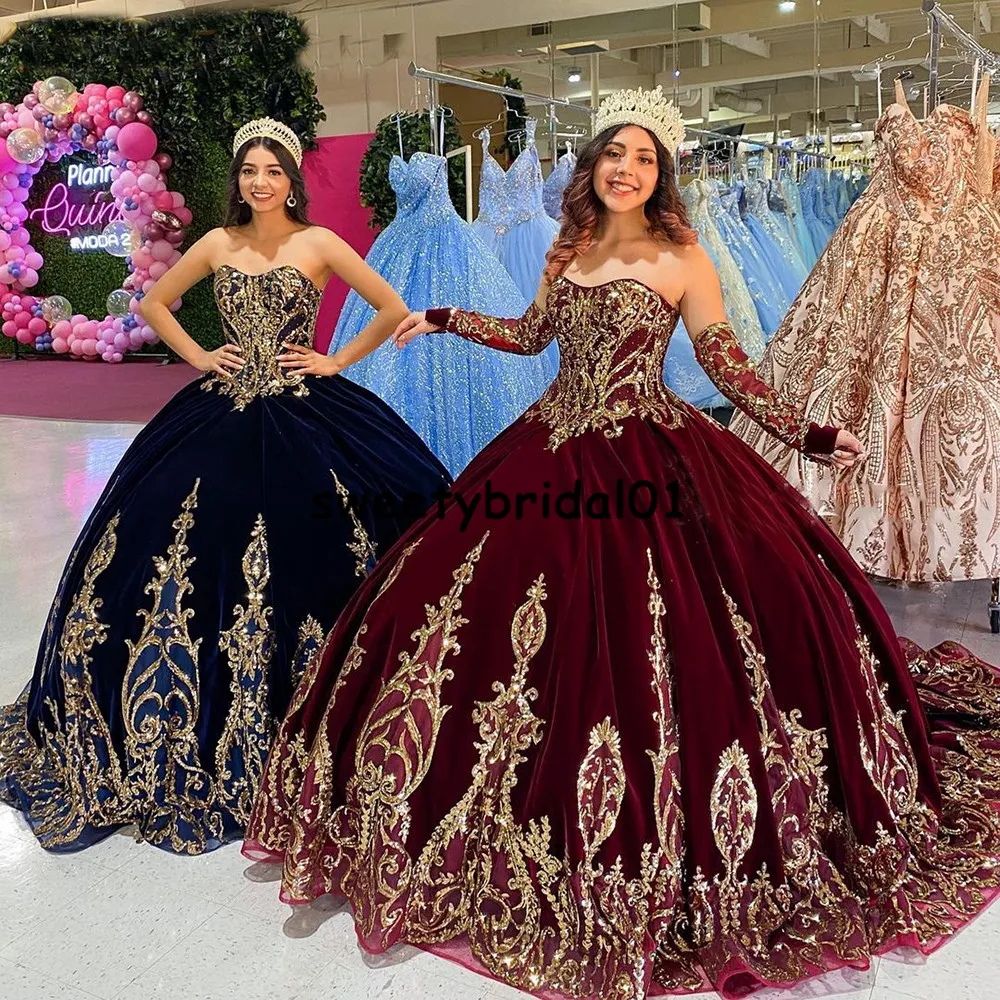 Burgundy 2021ボールガウンQuinceaneraドレスブライダルガウン恋人長袖甘い16ドレスvestidos de xvañosanos