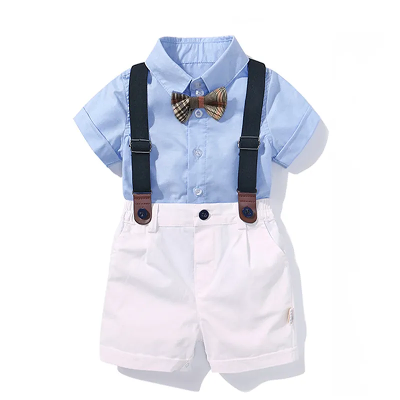 赤ちゃん男の子服シャツ弓セット誕生日フォーマルスーツ夏新生児男の子服セットブルーシャツトップ+サスペンダーパンツ衣装LJ200831