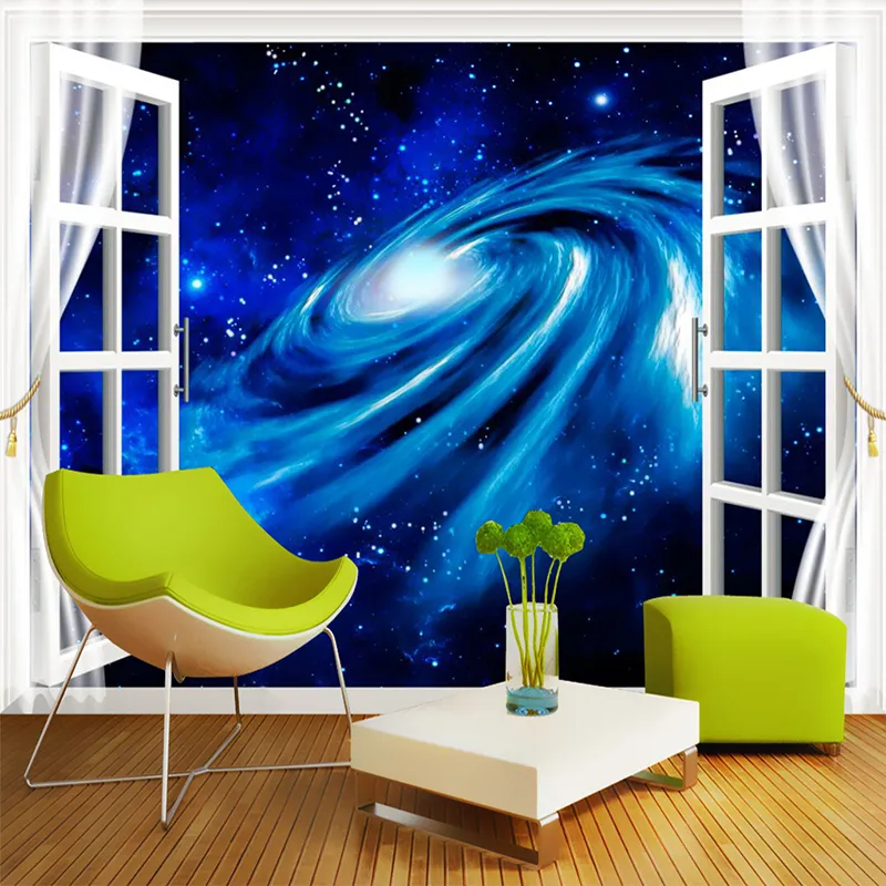 Mural fotográfico personalizado Papel tapiz no tejido Pared Estéreo 3D Ventana Paisaje Galaxia estrellada Murales grandes Revestimiento de paredes Papel De parede