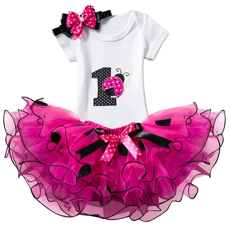 Trajes de impresión de mariquita de verano 3 unids trajes de bebés vestido de 1 año ropa de cumpleaños lunares ropa de niña infantil vestido recién nacido Q1223