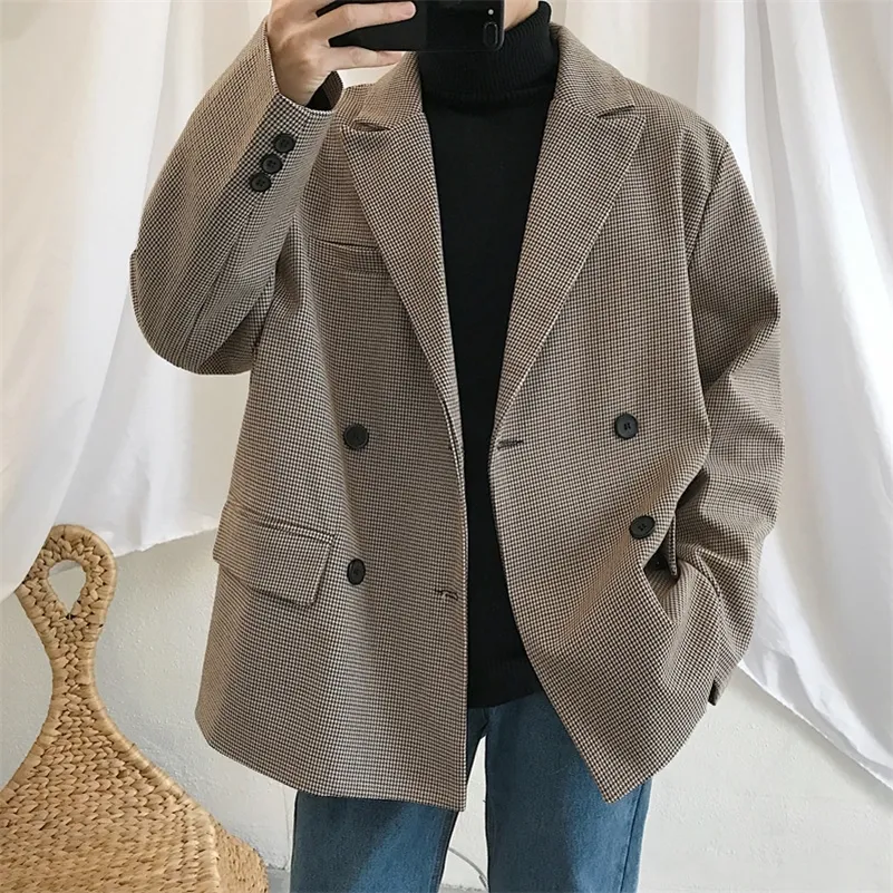 Spring Men's Casual Blazers Suit Jackets Clothes Single Western Loose Coat Fitted Cotton Lattice Printing Outerwear S-XL LJ201103