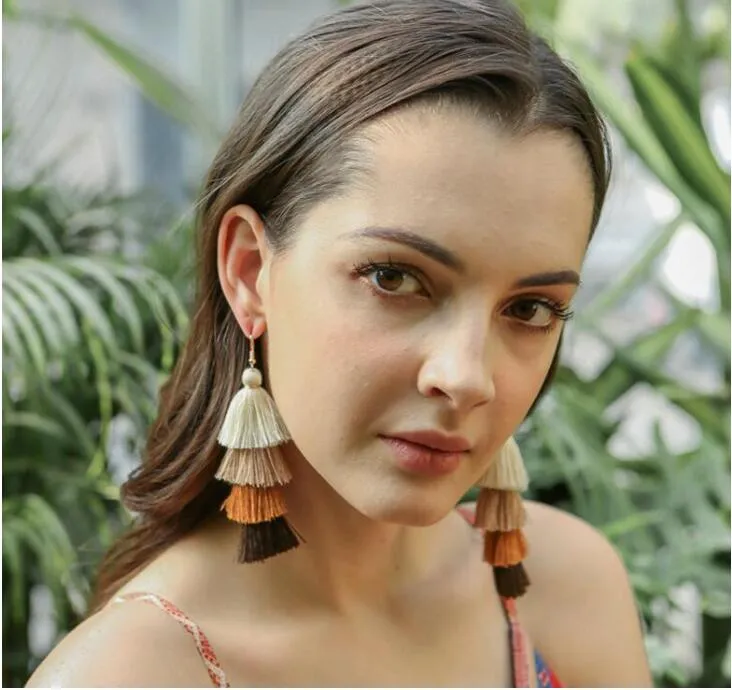 Hot Bohemian Fringe Long Gradient Multilayer Drop Earrings Women Fashion Jewelry Dangle Silk Fabric Ethnic tassel earrings Gift