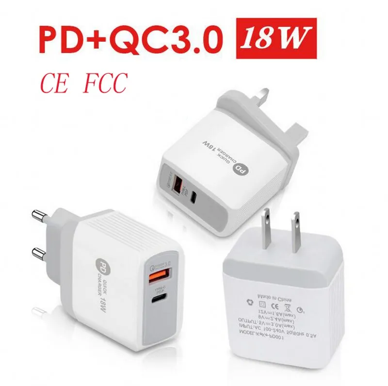 Nieuwe PD + QC3.0 18W oplader USB-C Power Adapter Snelle oplader voor iPhone 12 Universele veiligheidsbescherming functie met UK.US, ​​EU