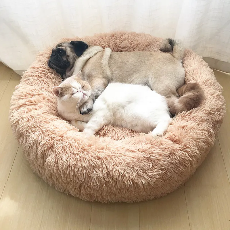 Papipet Winter Warm Round Dog Bed Sleeping Lounger Mat Puppy Kennel Long Plush Cat Nest Christmas Gifts Pet Supplies 201126
