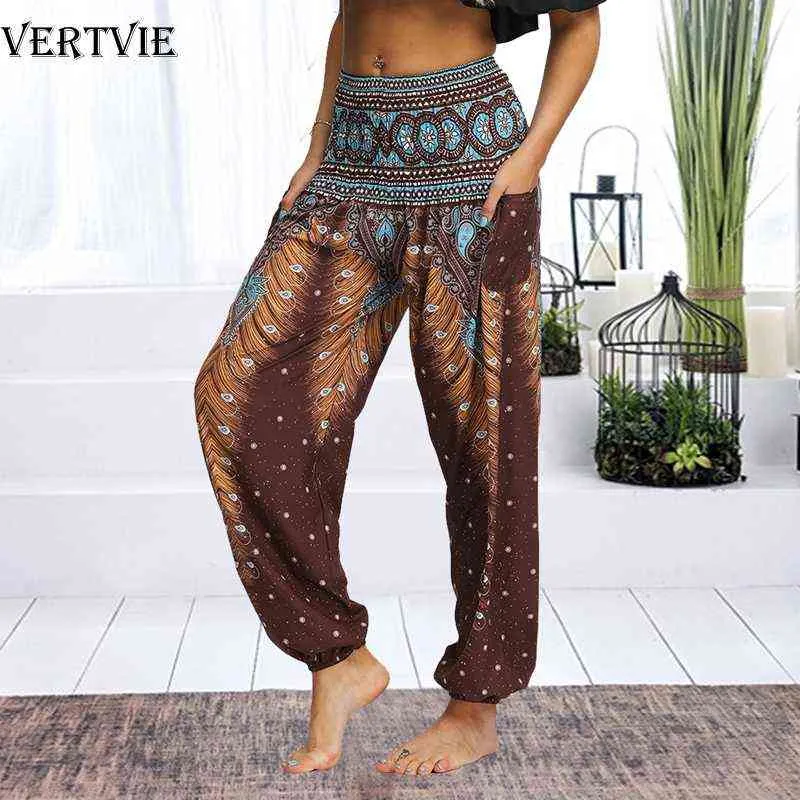 VERTVIE Damen-Lose Yoga-Hose, Blumendruck, weites Bein, lange Stretch-Hose, lockere Vintage-Hose, Jogginghose, H1221