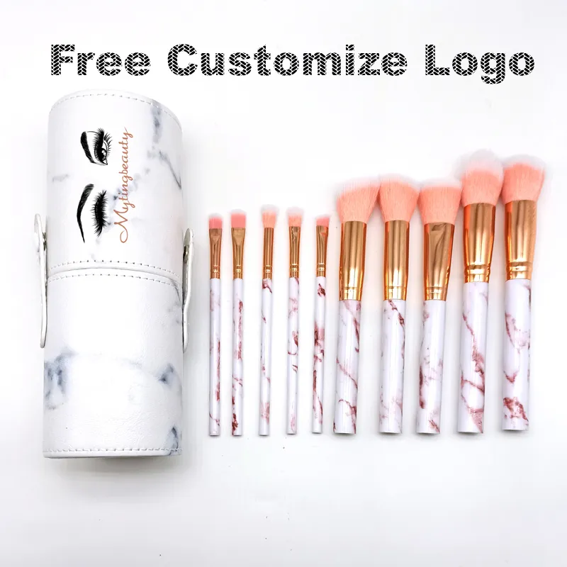 10 st set Marble Makeup Borstar med PU Bucket Blush Powder Ögonbryn Eyeliner Highlight Concealer Contour Foundation Makeup Brush Set