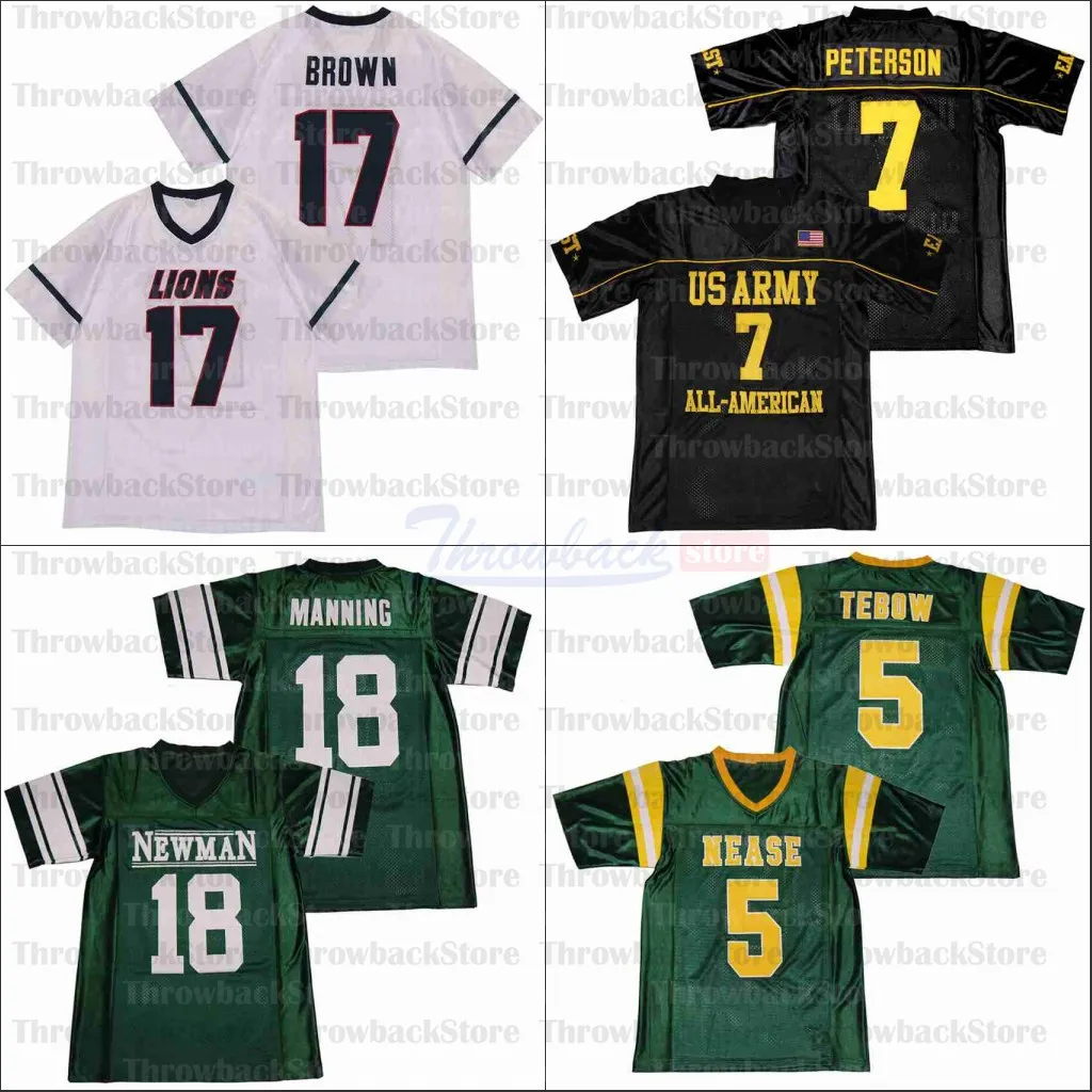 Voetbalshirts maat S-XXXL 5 Tebow 18 Manning 7 Peterson 17 Brown Black Green