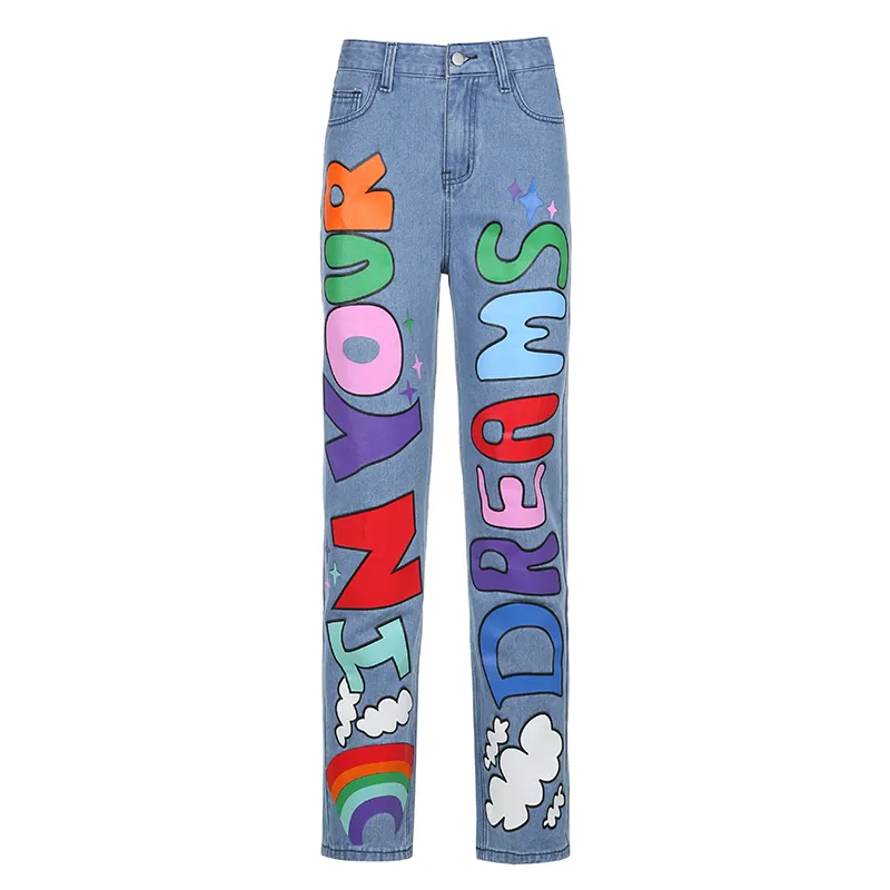 Nuovo Design Streetwear Rainbow Letter Stampa Vita alta Jeans Donne Fashion Straight Divertente Denim Pantaloni Denim Pantaloni estetici Jean