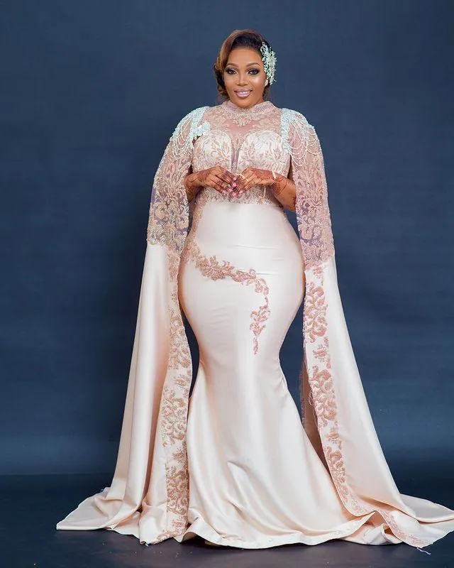 Blush rosa sjöjungfrun kvällsklänningar med Cape Sleeve 2022 Lace Stain Tassel Beaded African Aso Ebi Arabiska Prom Dress Robes