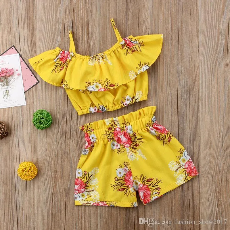 Toddler Baby Girl Clothes Yellow Floral Ruffled Strap Tops Vest Shorts Bottoms Summer Outfits Beach Clothing Set