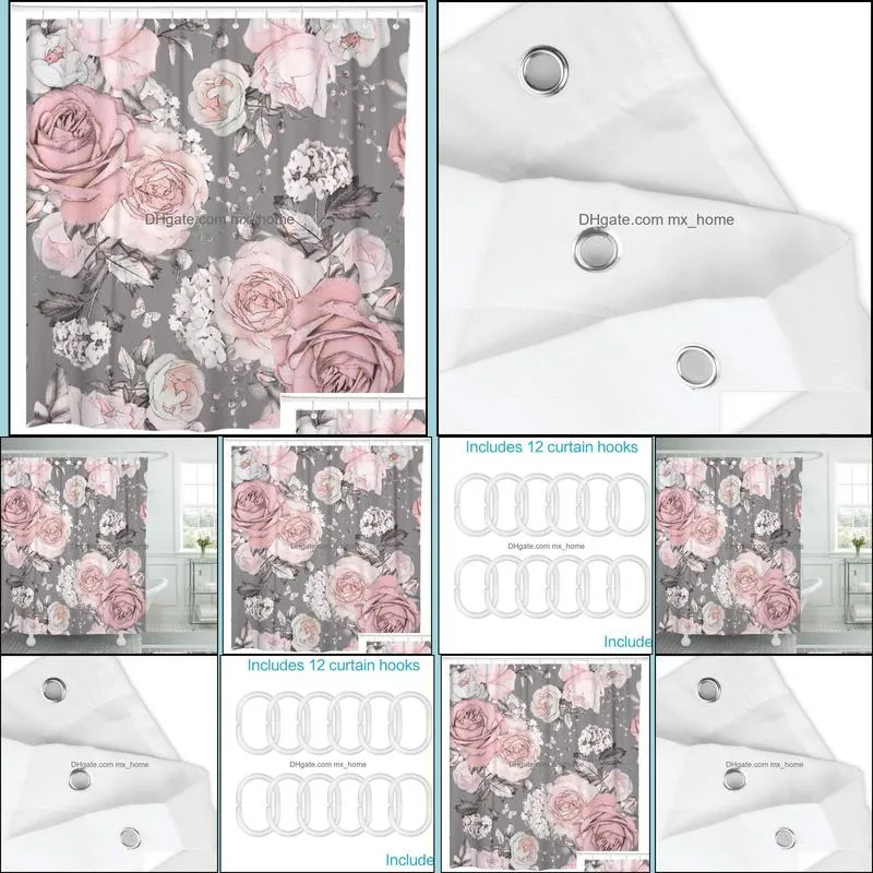 Pink Flowers and Leaves on Gray Watercolor Floral Pattern Shower Curtain Waterproof Polyester Fabric 72 x 72 Inches with Hooks