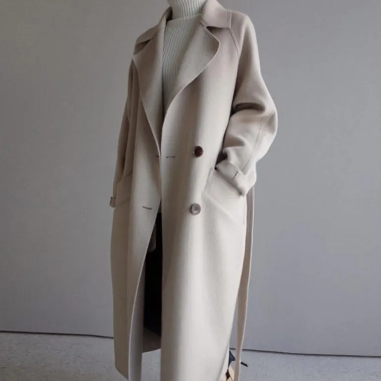 Nieuwe Winterjas Vrouwen Wide Revers Riem Pocket Wol Blend Coat Oversize Lange Trench Uitgaande Wol Women Gratis Verzending