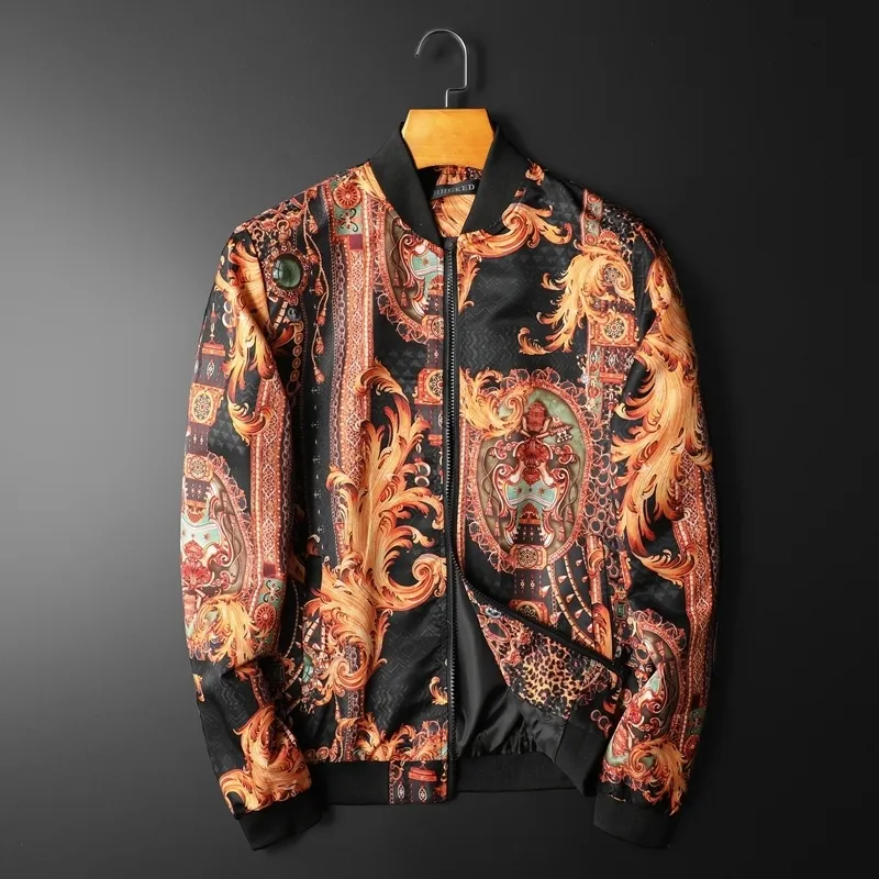 Vintage Jacket Men Golden Bomber Print Luxury Outfit Party Club Bar Coat Casaca Hombre 201105