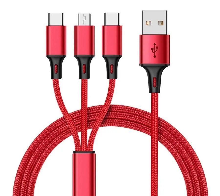 3 in 1 USB Cables Fast Charging Braided Cord Multi Function Adapter for XIAOMI OPPO VIV0 Huawei Type C Samsung S21 S20 S10 S8 S7 V8 Micro Charger Android Phone Cable