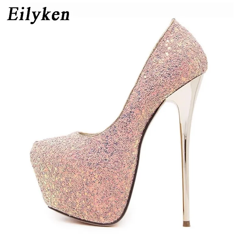 Eilyken 새로운 플랫폼 울트라 하이힐 여성 신발 섹시한 블링 펌프 파티 드레스 신발 블랙 핑크 블루 크기 34-45 201215
