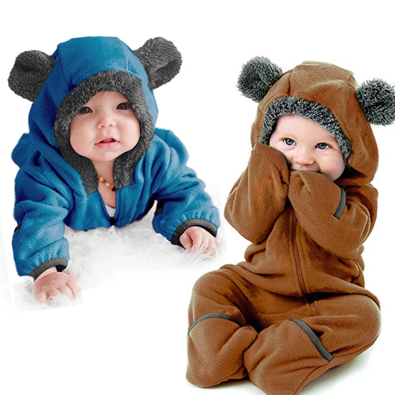 2019 new born baby clothes winter boy costume infant long sleeve fleece romper children bear ears hooded jumpsuit outwear blue