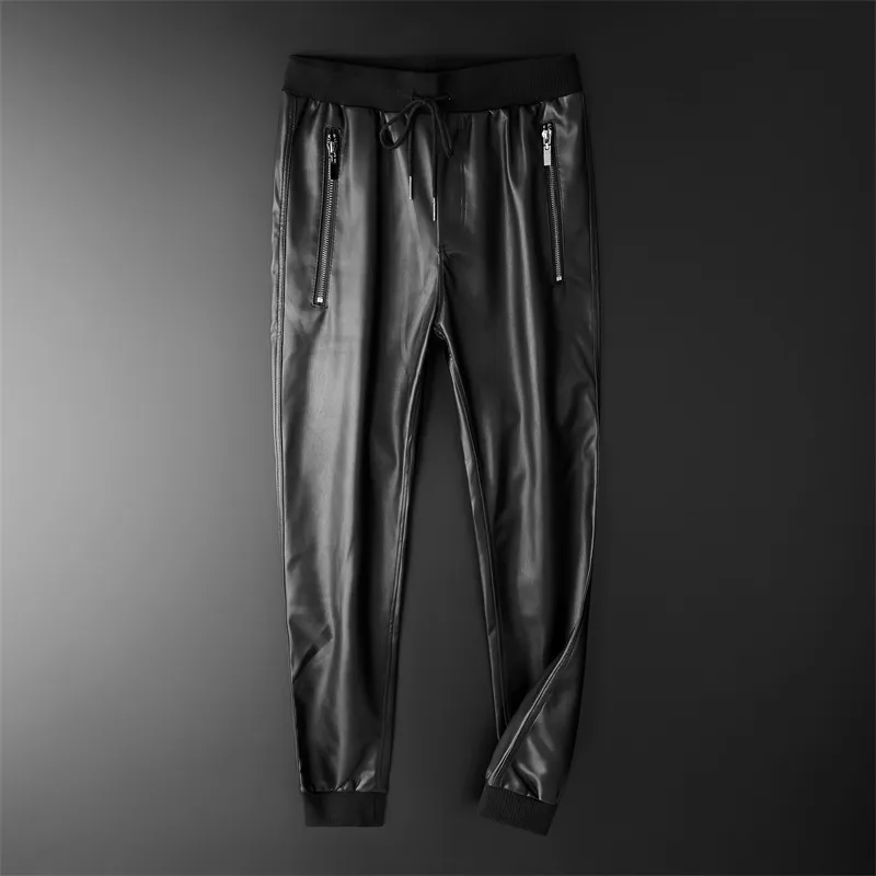 Thoshine Brand Men Leather Pants Superior Quality Elastic Waist Jogger Pants Zipper Pockets Male Faux Leather Trousers Slim Fit 20309F