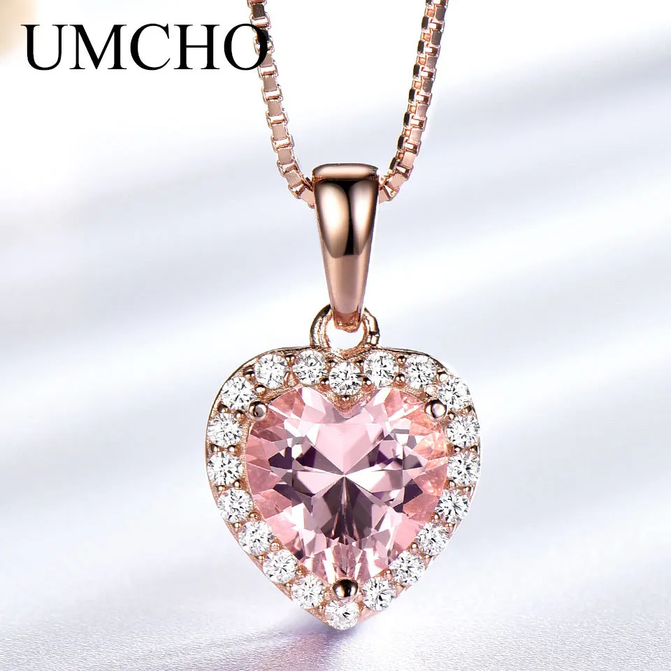 UMCHO SOLID 925 Sterling Silver Pingentes Colares para mulheres Rosa Cor-de-rosa Morganite Charme Coração Pingente para Girl Gift Fine Jewelry Q0531