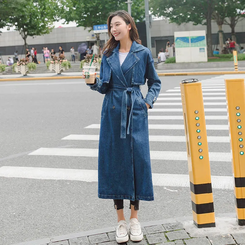 Denim Trench Coat For Women Autumn Loose Long Coat Women Double-Breasted Loose Jeans Trench Coat Windbreaker Manteau Femme C5635 T200828