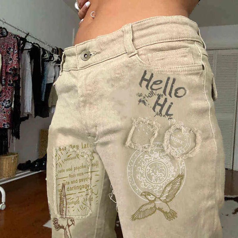 Y2k khaki jeans jeans women ricammo patch denim pantaloni vintage alta vita dritta streetwear hauku boyfice hauku bouseer degli anni '90 y220311