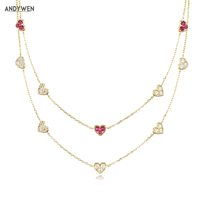 Andywen 925 Sterling prata ouro amor coração clear rosa vermelho charme longo cadeia gargantilha colar pingente mulheres casamento jóias de luxo 220217