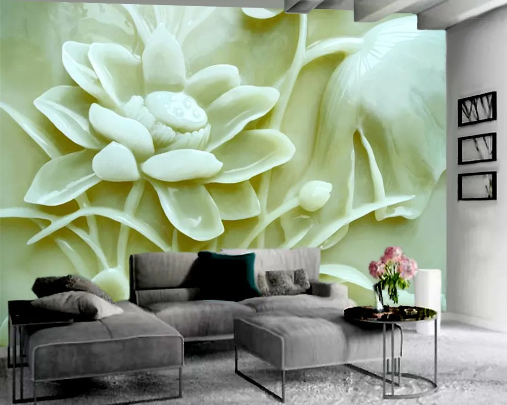 3d Jade sculpture Lotus papier peint Photo papier peint décor à la maison salon chambre revêtement mural HD fonds d'écran