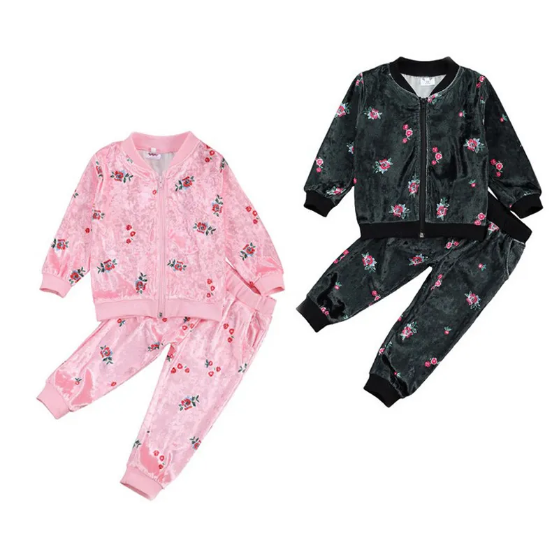 秋冬幼児子供女の子服セットベルベット花プリント長袖ジッパージャケットトップパンツ2個服2-7Y