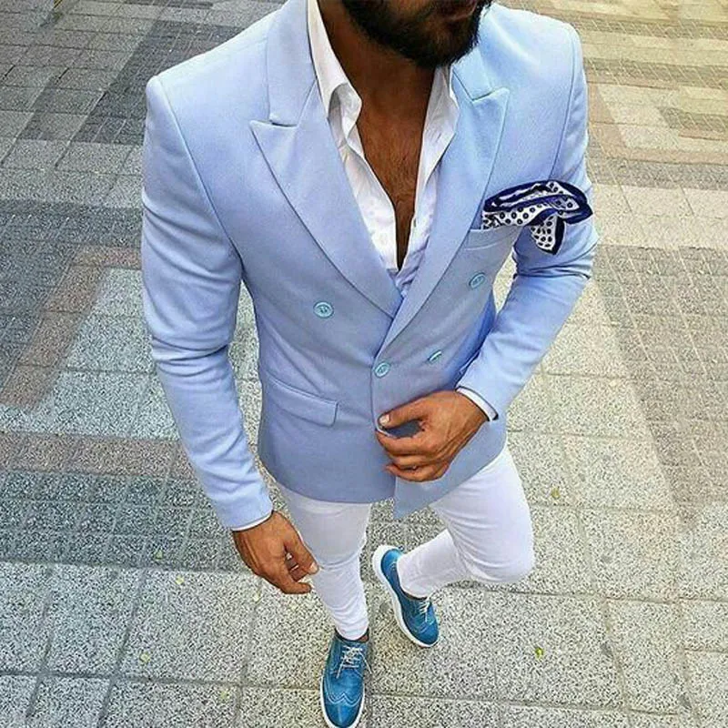 Light blue blazer with white pants sale