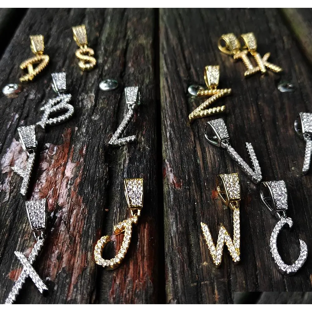 a-z custom name brush font letters customize pendant necklace chain gold silver bling zirconia men hip hop pendant jewelry