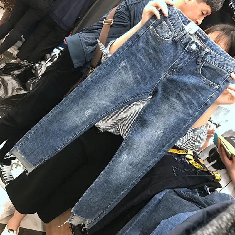 レディース夏の服スリムパンツのハイウエストストレッチリッピングジーンズ女性9分パンツプラスサイズS-4XL