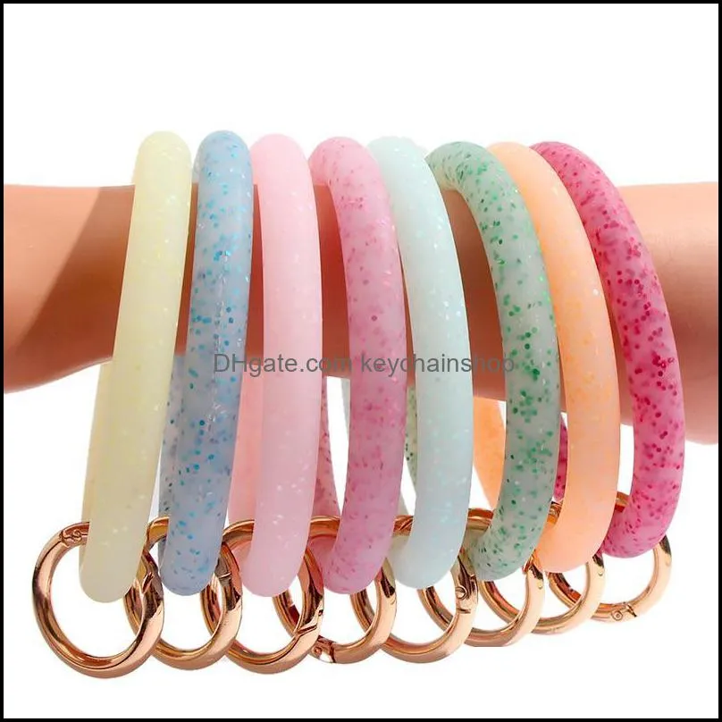 Keychains JUST FEEL Fashion Sequin Silicone Keychain For Women Circle Wristlet Car Ring Wrist Strap Accessories 2021