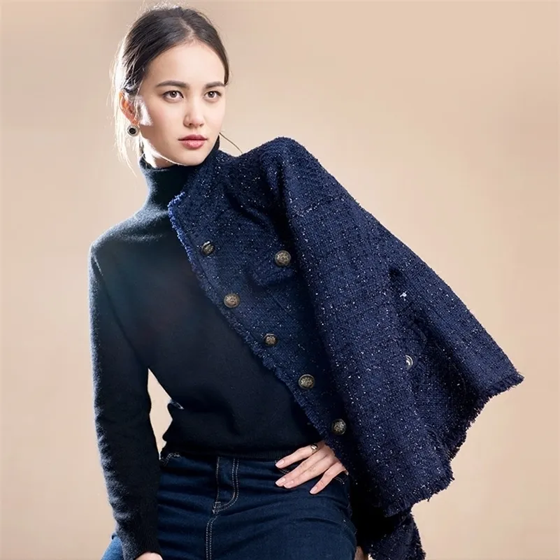 Navy Blue Tweed Veste Printemps / Automne / Hiver Femmes Veste Manteau Classic Mesdames Sauvages Wild Fil Brillant Tweed Jacket LJ201021